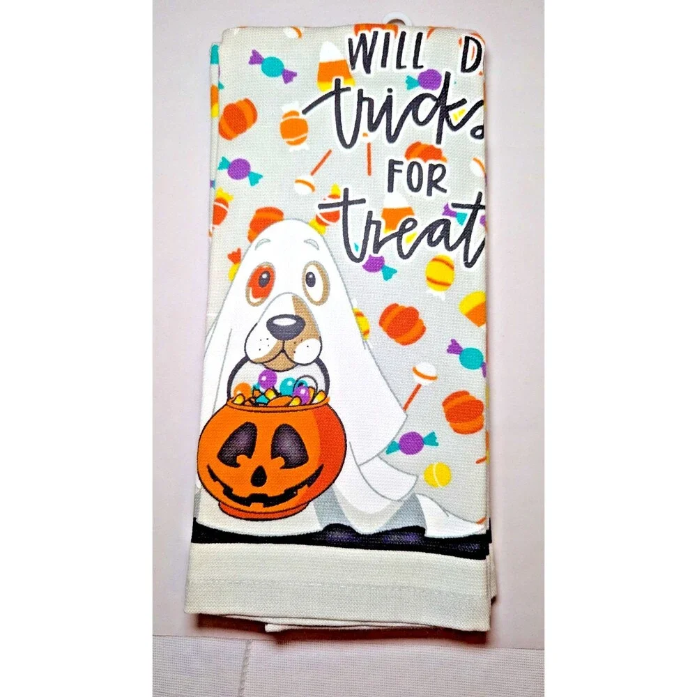Will Do Tricks for Treats Kitchen Towels Dog in Ghost Costume Candy 2-pc Cotton